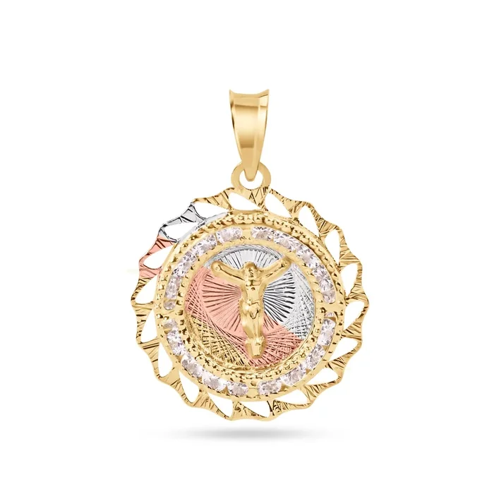 14P00090. – Colgante de oro amarillo de 14 quilates, 2 tonos, 20 mm, bisel con corte de diamante, colgante de circonita transparente de Jesucristo