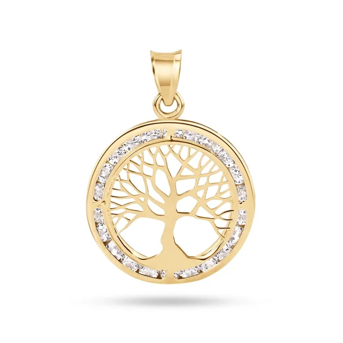 14P00114. – Colgante de oro amarillo de 14 quilates con circonita cúbica del árbol de la vida de 19 mm