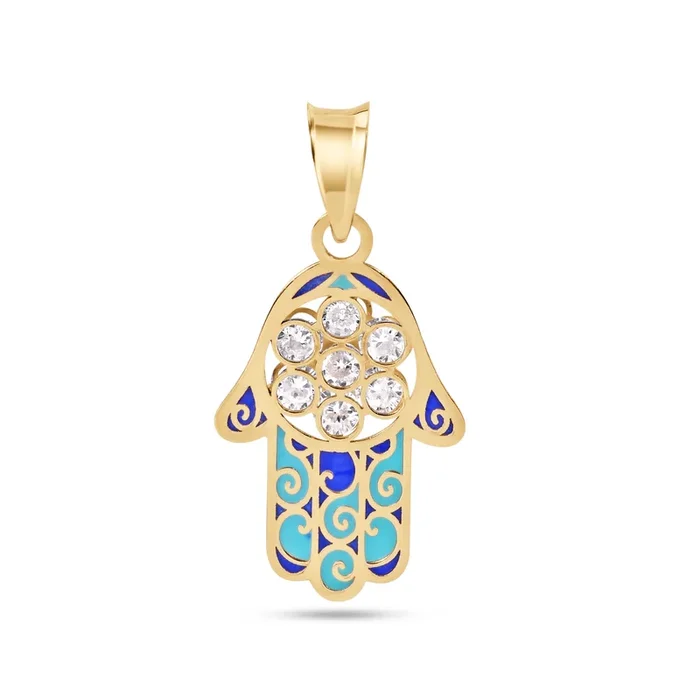 14P00116. – Colgante Hamsa de oro amarillo de 14 quilates con esmalte turquesa y azul con circonita transparente
