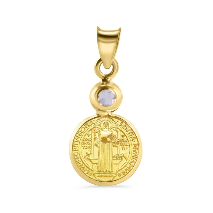 14P00126. – Medalla de San Benito redonda de oro amarillo de 14 quilates con oración y circonita cúbica transparente de 10,7 mm