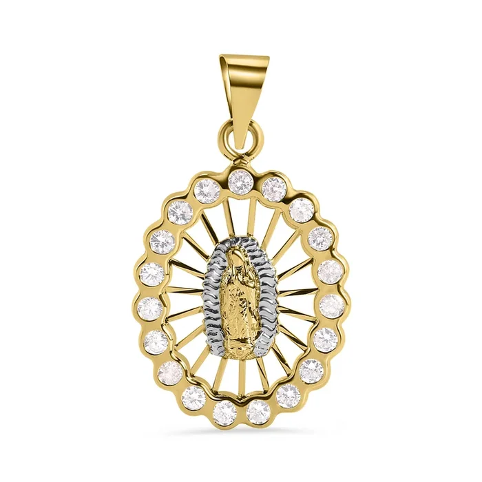 14P00132. – 14 Karat Yellow Gold Oval Our Lady of Guadalupe Diamond Cut Clear CZ Pendant
