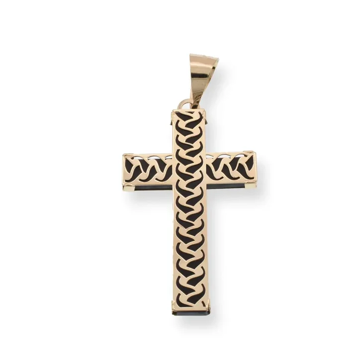 14P00172. – Colgante de cruz con detalles de esmalte negro en oro amarillo de 14 quilates de 15,9 mm x 20,8 mm