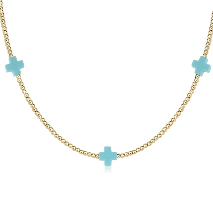 15″ Choker Signature Cross Gold Pattern 2mm Bead – Turquoise