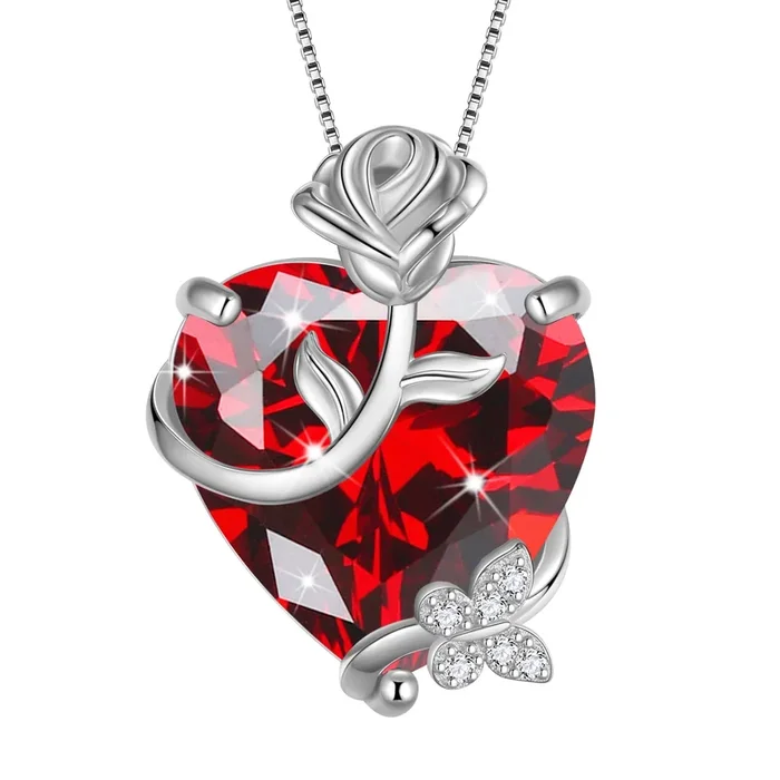 15-mm-Herz-Halskette für Damen mit Rosenanhänger, Geburtsstein Januar, 925er Sterlingsilber, Schmetterlings- und Blumenanhänger, Granatschmuck, Geschenk zum Muttertag oder Valentinstag