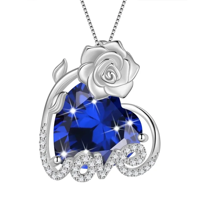 15MM Rose Heart Women Necklace September Birthstone 925 Sterling Silver Flower Love Pendant Blue Sapphire Jewelry Birthday Valentines Mother’s Day Gift