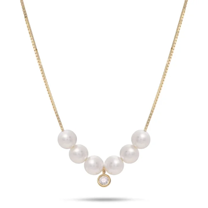 16-18″ Adjustable Akoya White Pearl Necklace in Gold with Diamond – 4.5-5mm