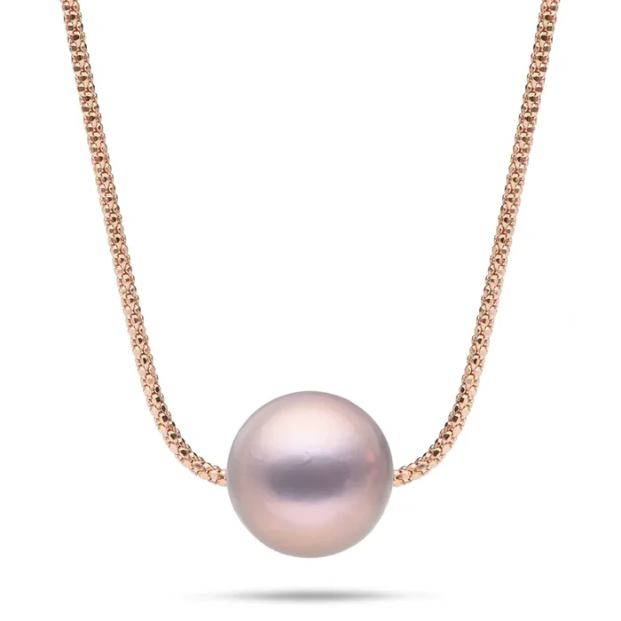 16-18″ Adjustable Freshwater Lilac Pearl Necklace in Rose Gold – 13-14mm