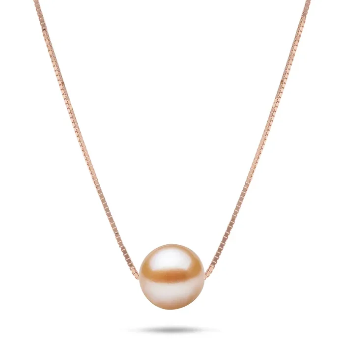 16-18″ Adjustable Freshwater Peach Pearl Necklace in Rose Gold – 9-10mm