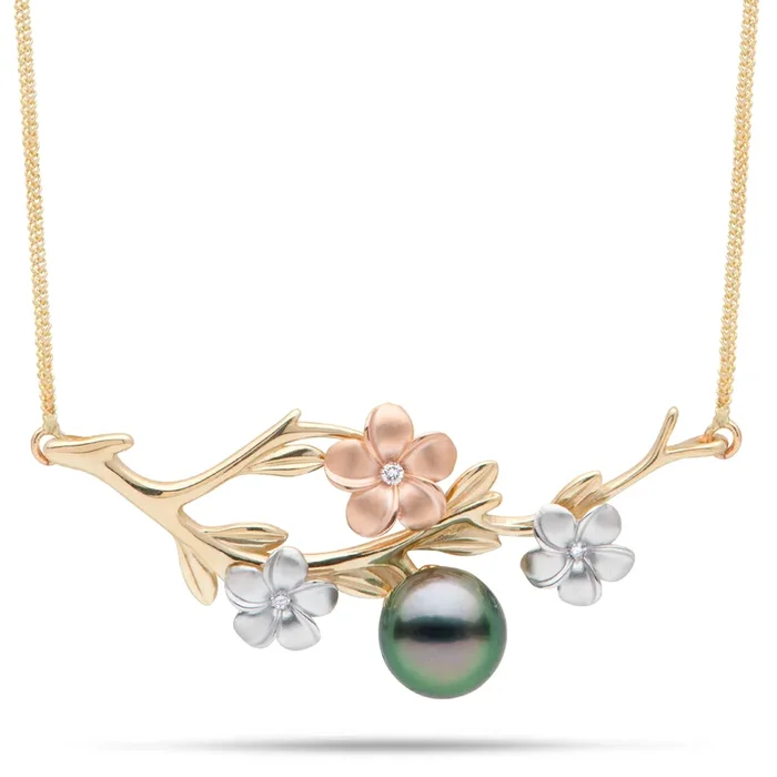 16-18″ Adjustable Pearls in Bloom Plumeria Tahitian Black Pearl Necklace in Tri Color Gold with Diamonds