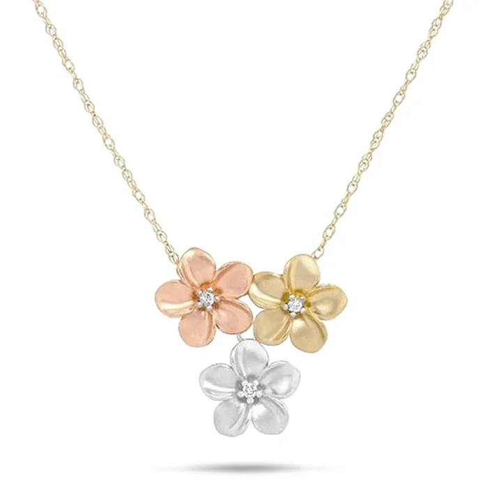 16″ Plumeria Necklace in Tri Color Gold with Diamonds – 11mm