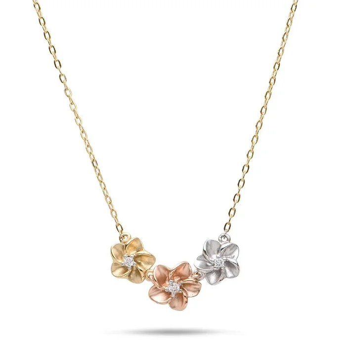 16″ Plumeria Necklace in Tri Color Gold with Diamonds