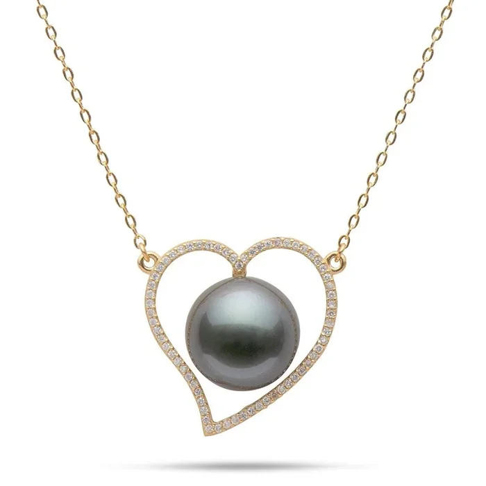 16″ Tahitian Black Pearl Heart Necklace in Gold – 12-13mm