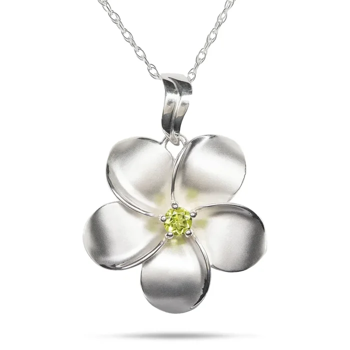 18″ Plumeria Peridot Necklace in Sterling Silver – 28mm