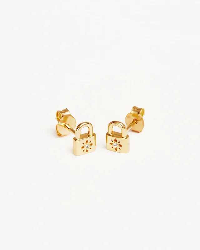 18k Gold Vermeil Crystal Lotus Padlock Stud Earrings