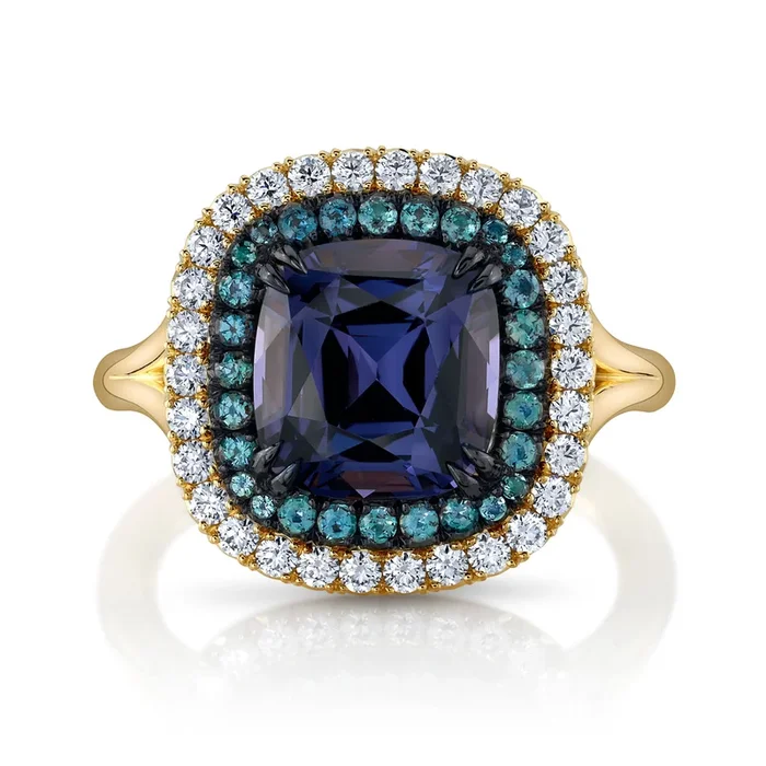 18K Yellow Gold Spinel, Alexandrite & Diamond Double Halo Ring