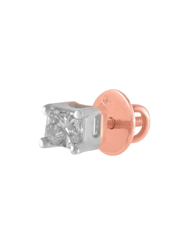 18KT Rose Gold Stud Mens Earring with Princess Cut Diamond – 0.05 ct | Lightweight Daily Wear | G-H Color | VS Clarity (Single Piece)