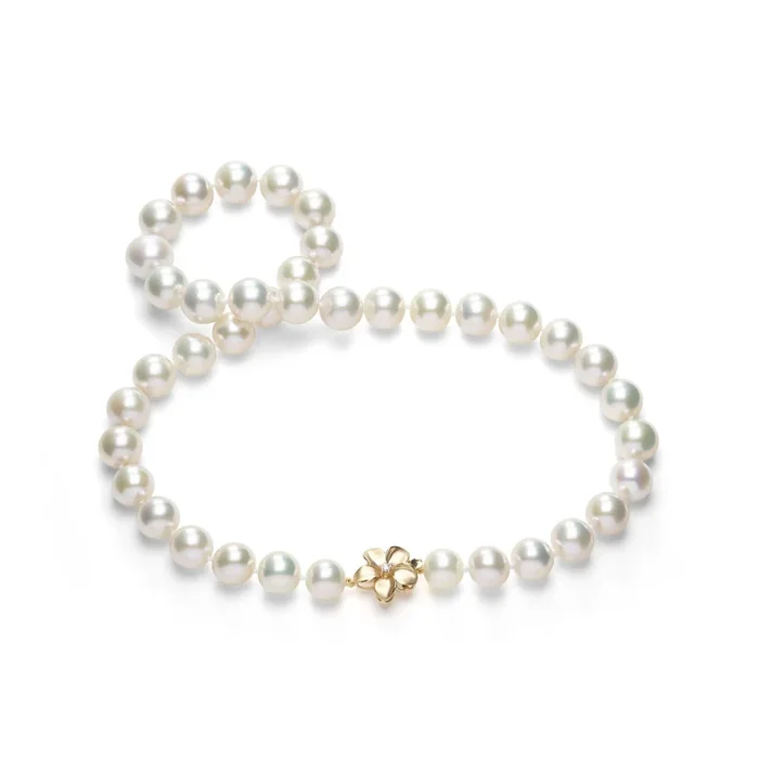 19″ Freshwater White Pearl Strand with Diamond Plumeria Clasp in Gold – 10-12mm