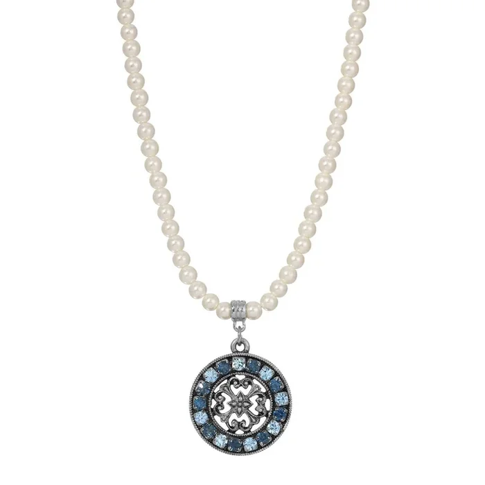 1928 Jewelry 4mm Faux Pearl Strand Hanauma Filigree Crystal Pendant Necklace 15″ + 3″ Extender