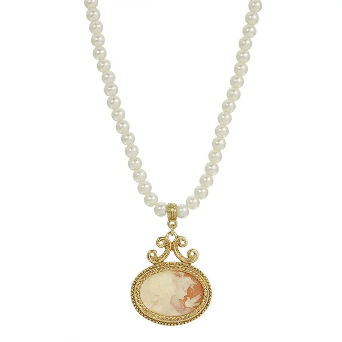 1928 Jewelry 5mm Faux Pearl Strand Twin Muse And Bird Cameo Pendant Necklace 15″ + 3″ Extender
