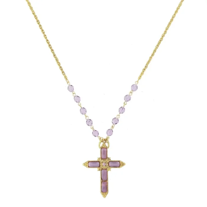 1928 Jewelry Amethyst Moonstone Cross Pendant & Tanzanite Glass Bead Necklace 28″