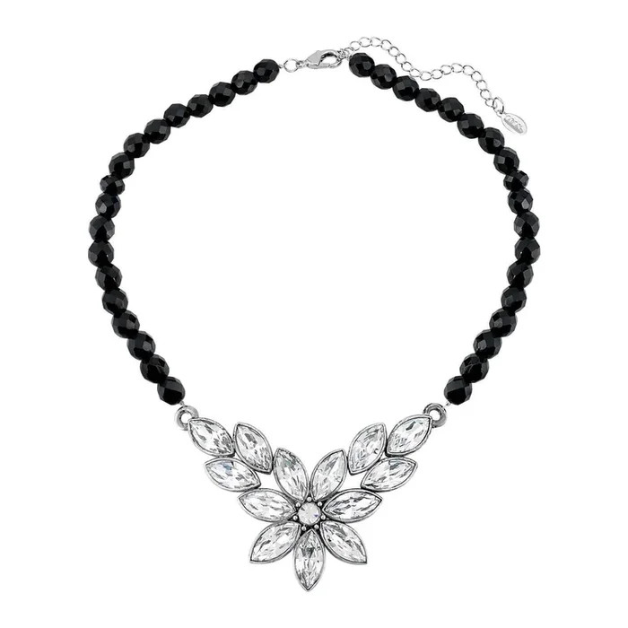 1928 Jewelry Austrian Crystal Flower & Black Glass Beaded Necklace 15 – 18″ Adjustable