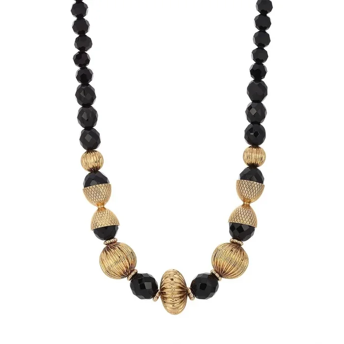1928 Jewelry Black Fire Polished Strand Corrugated Bead Necklace 15″ + 3″ Extension