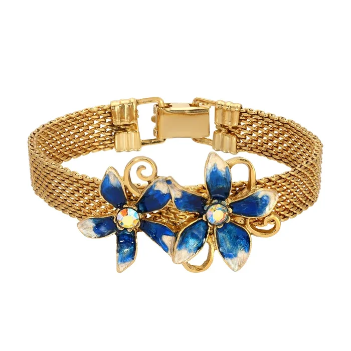 1928 Jewelry Blue Flowers & AB Crystal Mesh Chain Bracelet