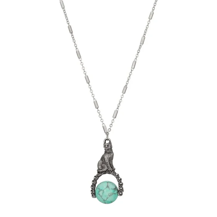 1928 Jewelry Cat & Turquoise Gemstone Spinner Pendant Necklace 28″