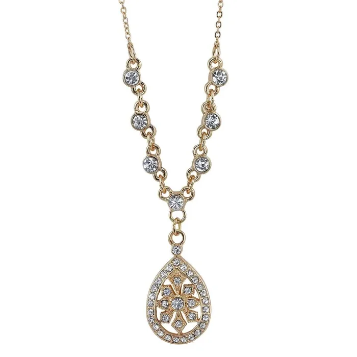 1928 Jewelry Crystal Filigree Teardrop Necklace 16″ + 3″ Extender