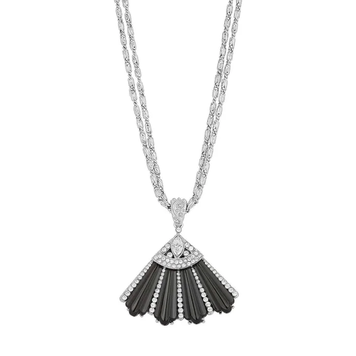 1928 Jewelry Deco Fantasy Black Stone & Crystal Fan Pendant Necklace 16″ + 3″ Extender