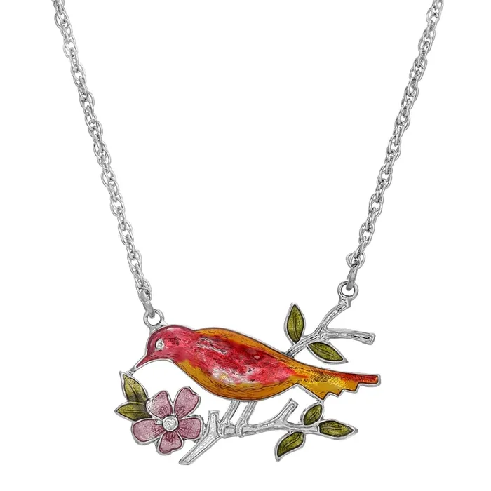 1928 Jewelry Enameled Perched Bird Pendant Necklace 18″