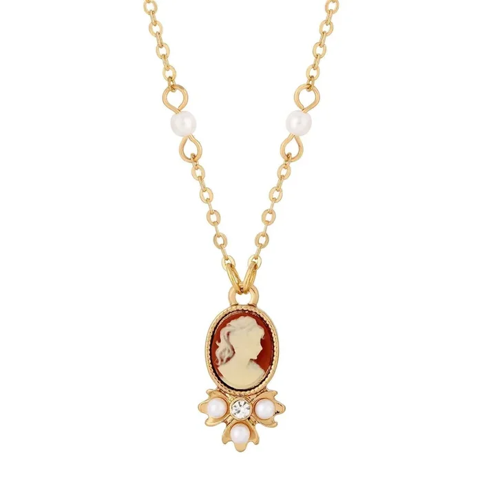 1928 Jewelry Faux Pearl Cameo Pendant Necklace 16″ + 3″ Extender