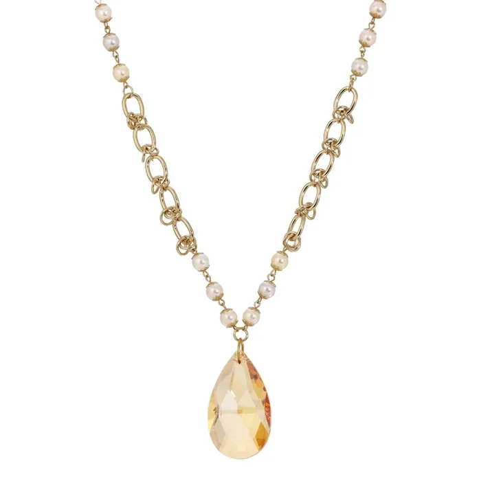 1928 Jewelry Faux Pearl Link Chain Briolette Crystal Pendant Necklace 28″