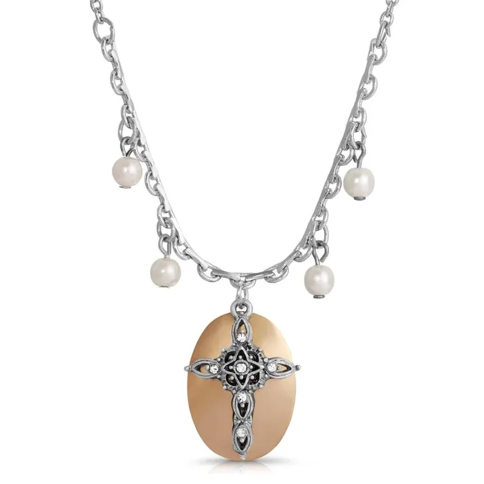 1928 Jewelry Faux Pearl Oval Disk Cross & Crystal Pendant Necklace 16″