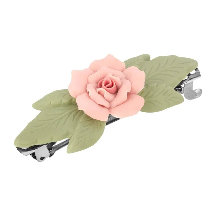 1928 Jewelry Genuine Porcelain Rose And Green Leaf French Hair Barrette
