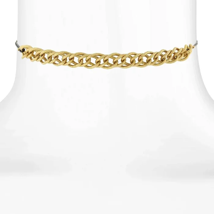 1928 Jewelry Gold Double Curb Chain Thin Leather Black Rope Choker Necklace 12″ + 5″ Extender