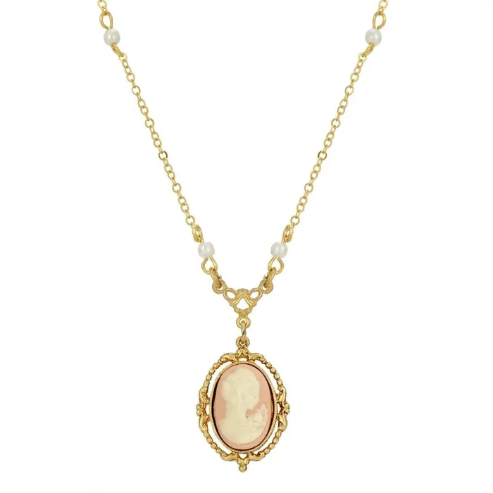1928 Jewelry Light Pink Oval Cameo Faux Pearl Pendant Necklace 16″ + 3″ Extender