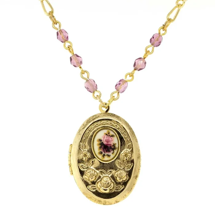 1928 Jewelry Manor House Pink And Purple Flower Beaded Locket Necklace 18″ + 3″ Extender