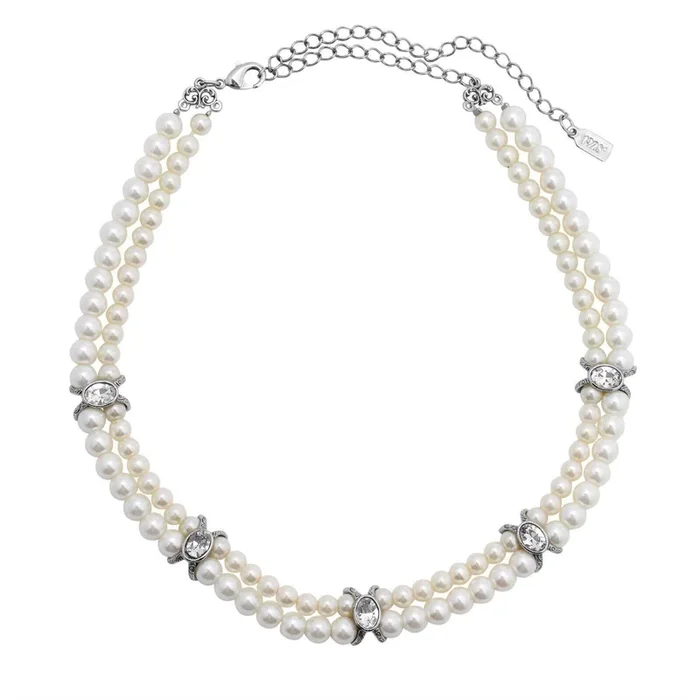 1928 Jewelry Oval Crystal Double 5mm & 6mm Faux Pearl Strand Necklace 13″ + 3″ Extender