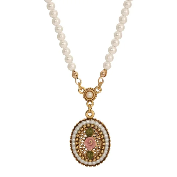 1928 Jewelry Pearly Eden 4mm Faux Pearl Strand Pink Rose Enamel Pendant Necklace 14″ + 3″ Extender