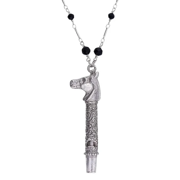 1928 Jewelry Pewter Horse Head Whistle Black Beaded Necklace 30″