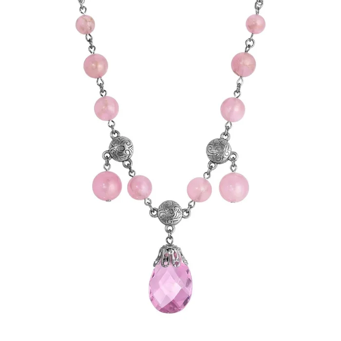 1928 Jewelry Roseate Paradise Peppermint Pink Rose Austrian Crystal Briolette Pendant Necklace 16″ + 3″ Extension