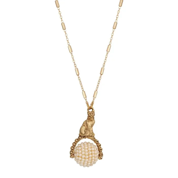 1928 Jewelry Rotating Seeded Faux Pearl Cat Spinner Pendant Necklace 28″