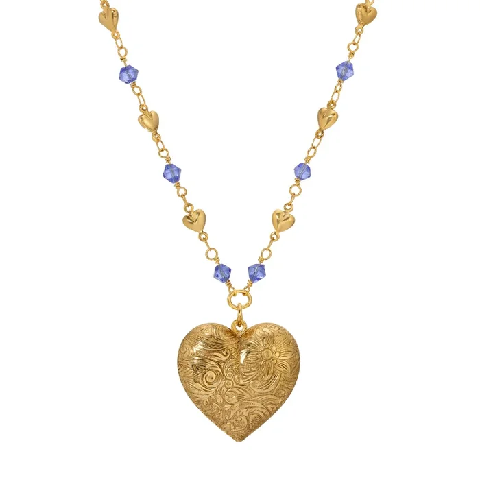 1928 Jewelry Sapphire Crystal Amour de Fleur Heart Chain & Pendant Necklace 18″