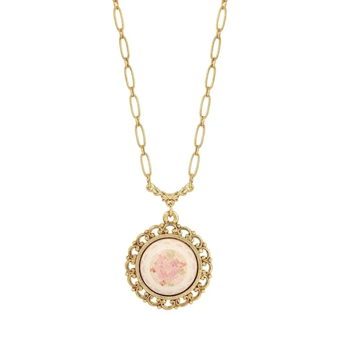 1928 Jewelry Stitch Pattern Pink Rose Pendant Necklace 18″