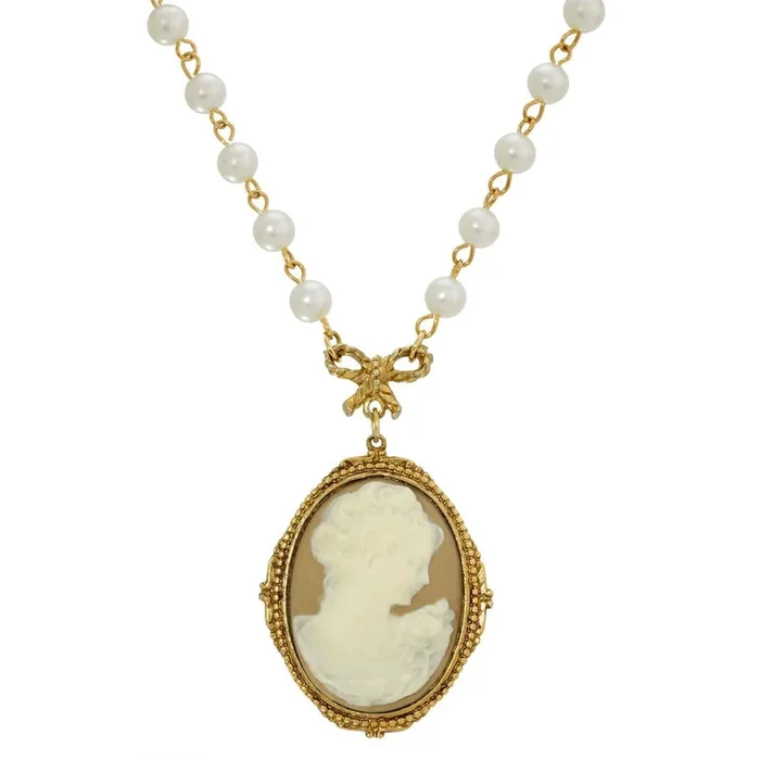 1928 Jewelry Taupe Cameo White Round 6mm Faux Pearl Strand Pendant Necklace 16″ + 3″ Extender
