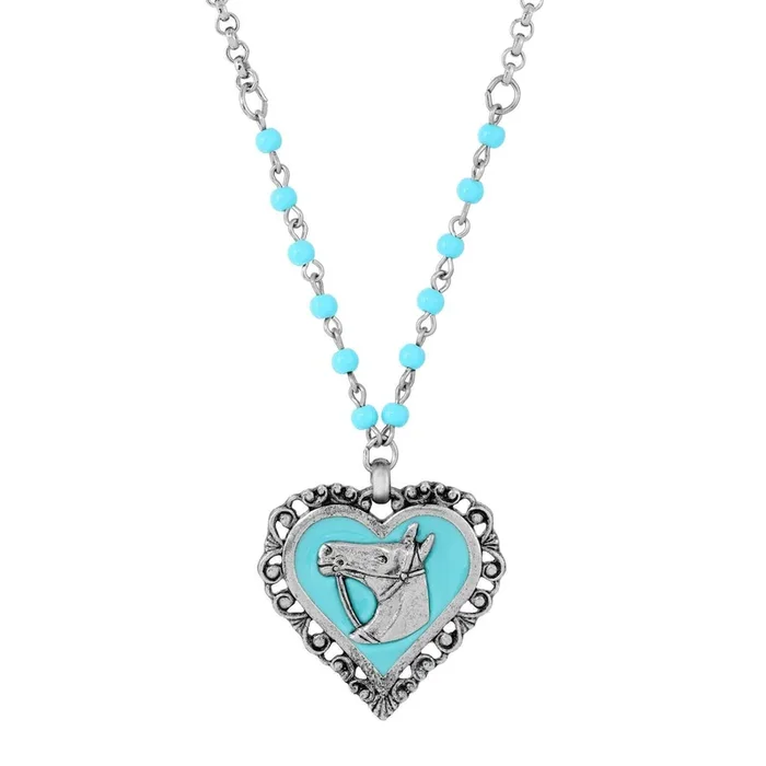 1928 Jewelry Turquoise Beaded Rolo Chain Filigree Heart Horse Pendant Necklace 18″