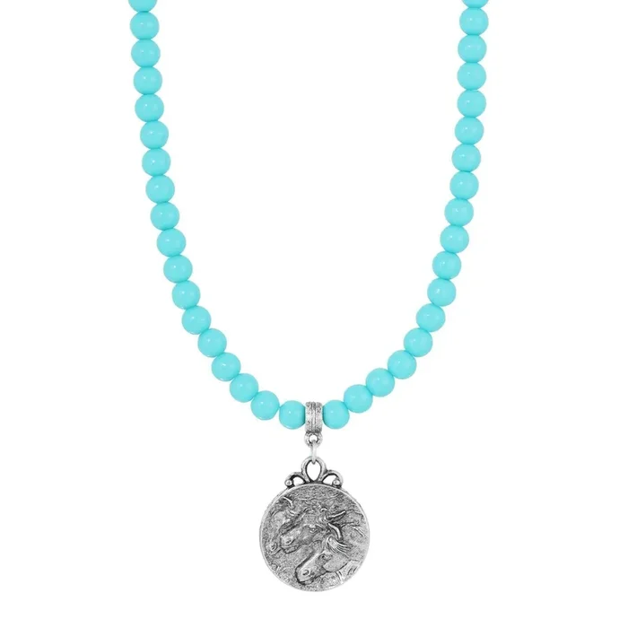 1928 Jewelry Turquoise Beaded Strand Horse Pendant Necklace 15″ + 3″ Extender