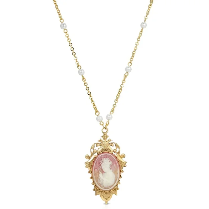 1928 Jewelry Victorian Reflections Carnelian & Ivory Cameo Faux Pearl Accent Necklace 24″