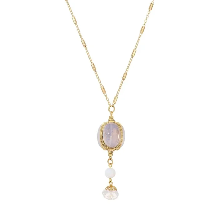 1928 Jewelry White Crystal Opal Stone 3 Sided Spinner Drop Necklace 28″